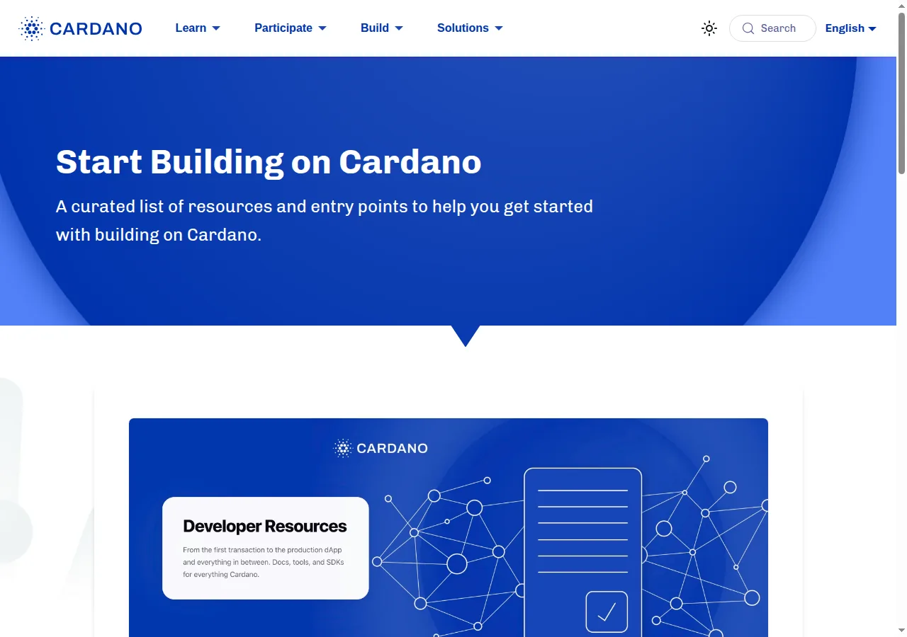 Cardano官网开发者入口界面，展示开发资源与SDK入口