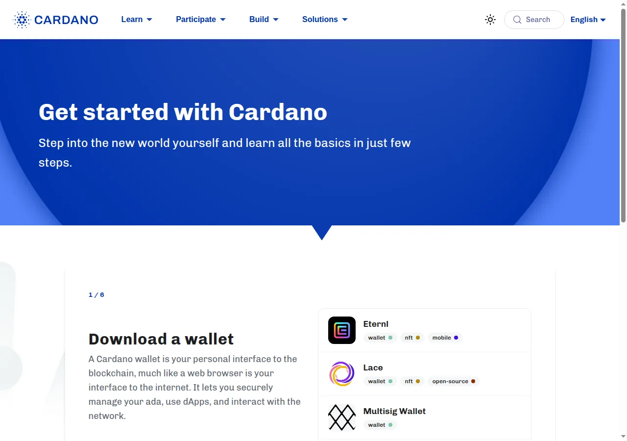 Cardano官网 Get Started 入门指引界面，从下载钱包开始的六步引导